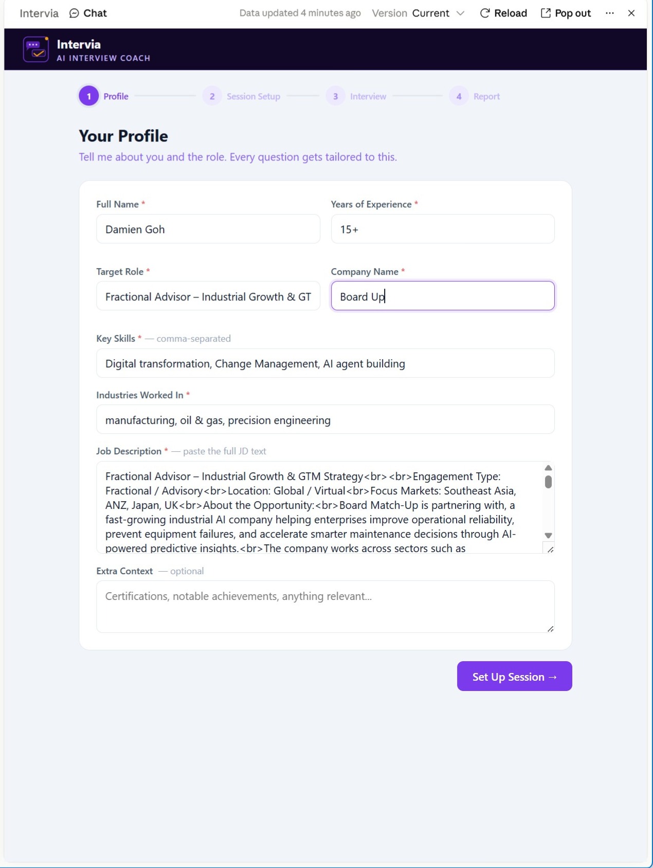 Intervia — profile setup
