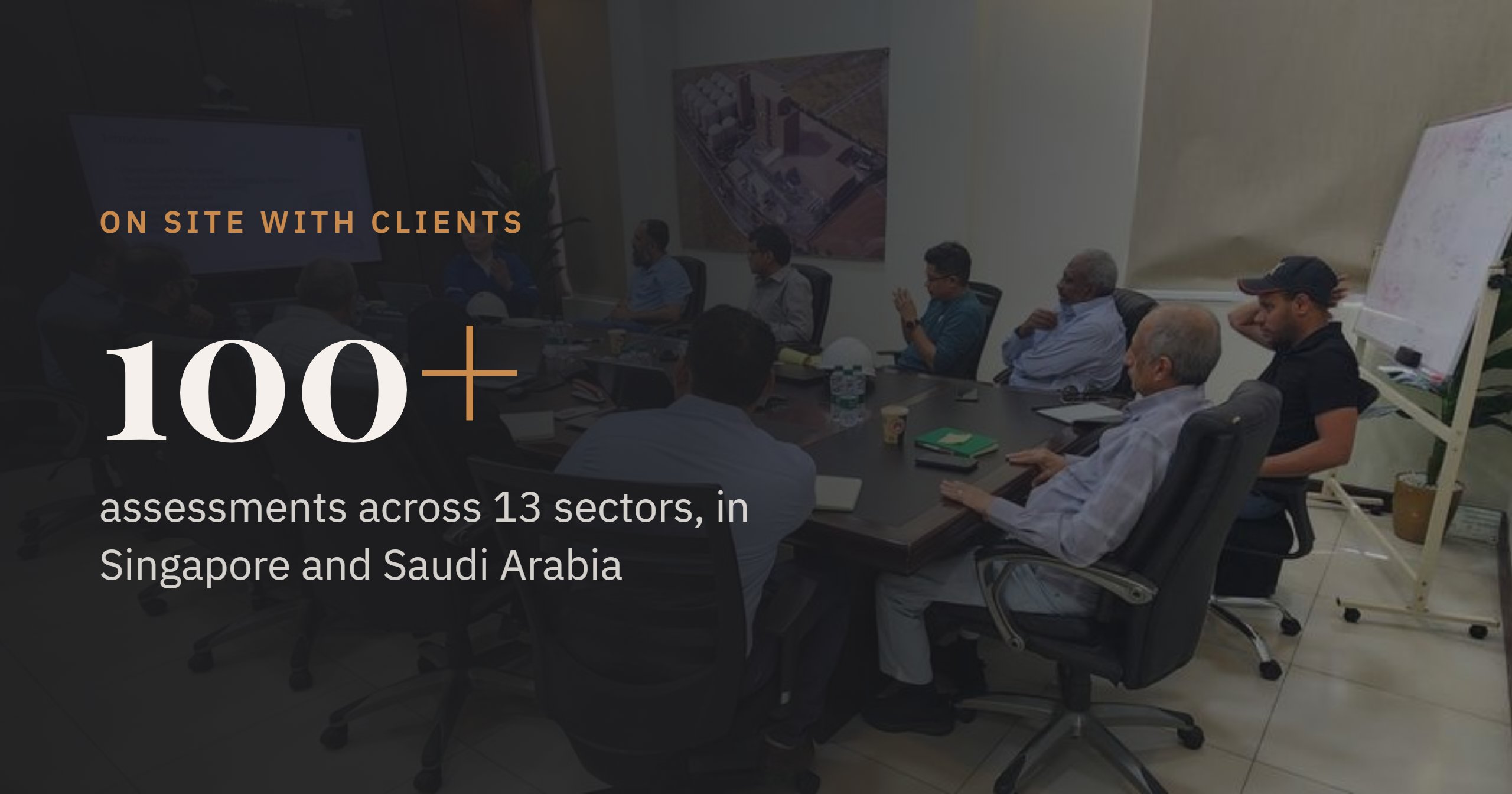 A digital maturity assessment in progress with a client team in Saudi Arabia, overlaid with the figure 100+ assessments across 13 sectors