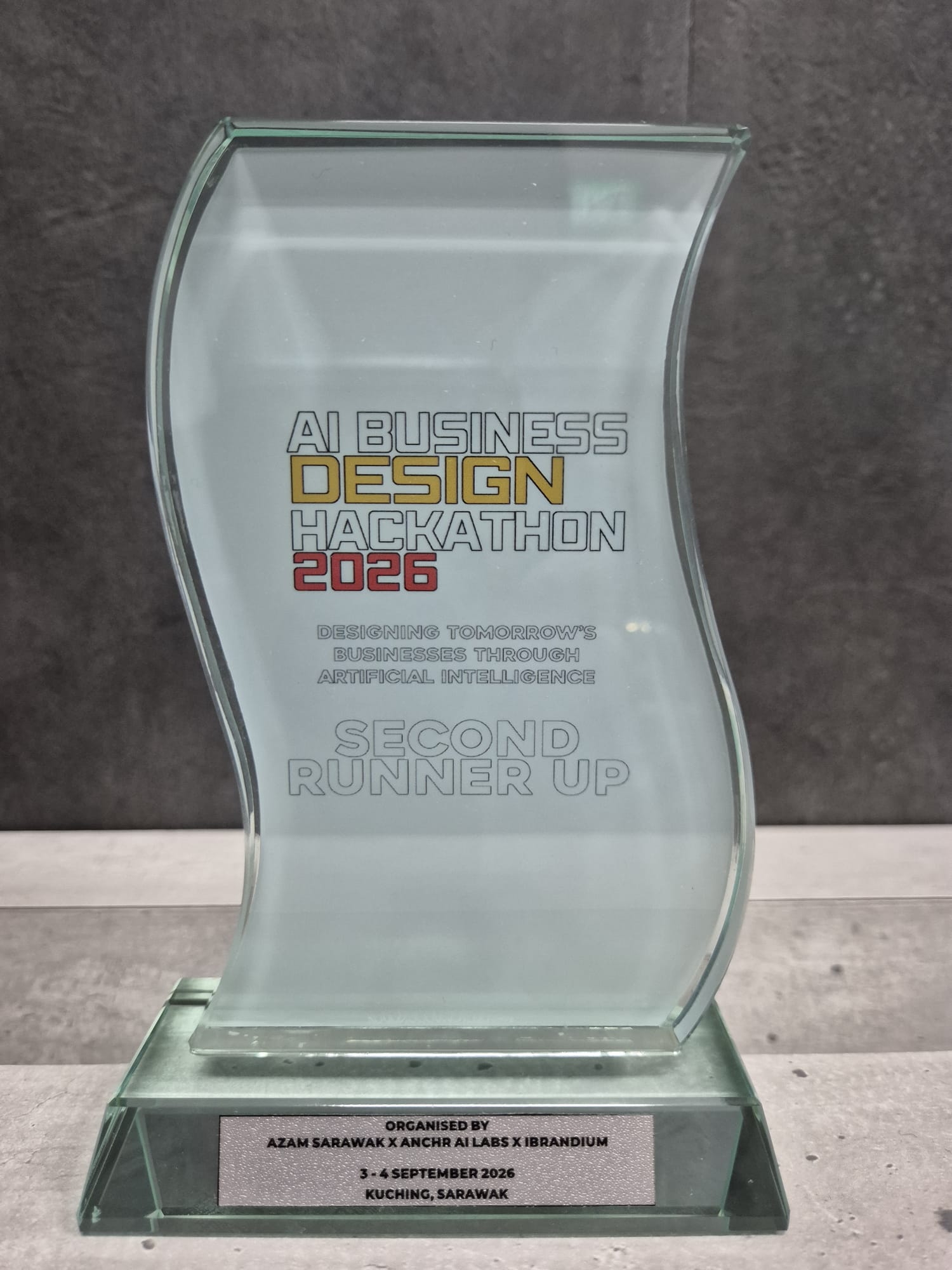 The Second Runner Up trophy from the Singapore–Sarawak Friendship AI Business Design Hackathon 2026