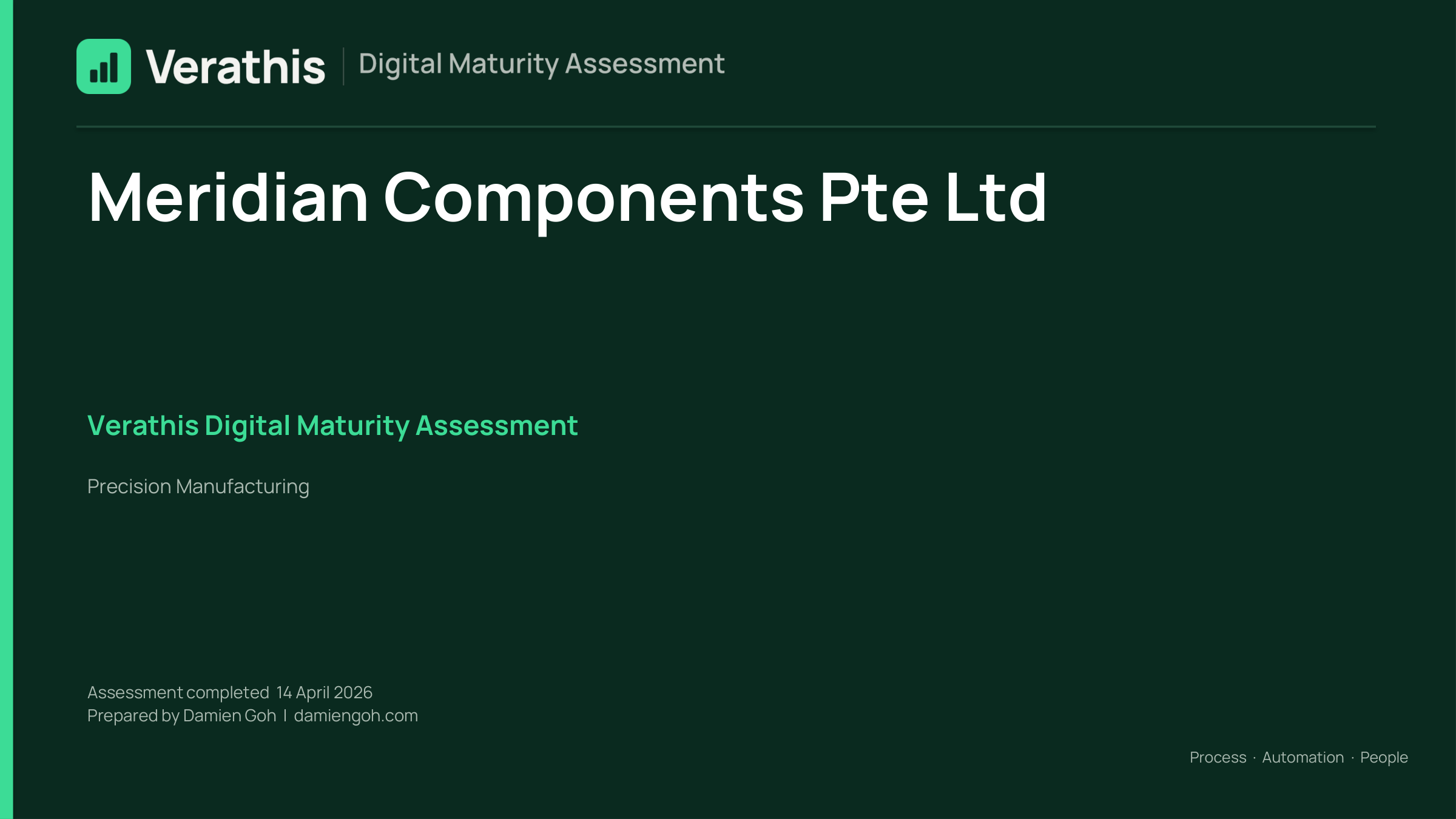 Cover slide of a sample Verathis slide deck for a fictional manufacturer, Meridian Components Pte Ltd